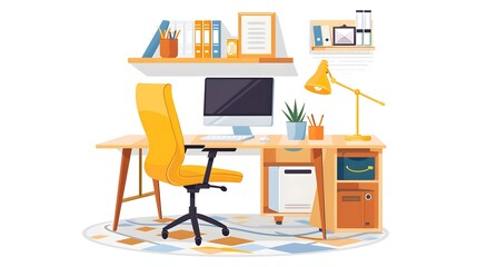 Modern Home Office Desk with Yellow Chair and Desk Lamp