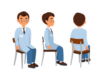 Male doctor set. Adult in medical uniform sit at chair. Pack of health care workers. Design elements for creating animations. Flat vector collection isolated on white background