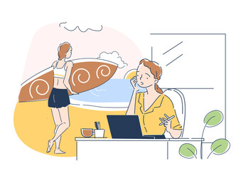 Woman dreaming at work. Girl dreams of vacation on beach in tropical countries. Worker think about holiday and vacation, travel and tourism. Linear vector illustration isolated on white background