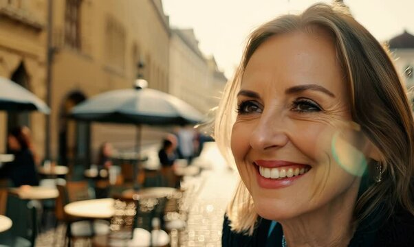 Close-up portrait video of a grinning woman in her 40s that is wearing a chic cardigan against a parisian or european cafe background