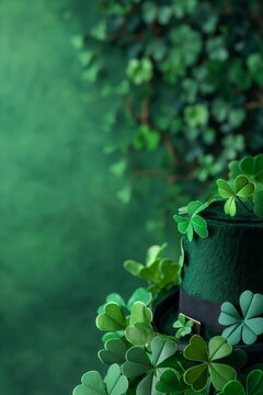 Green background with a top hat and many shamrocks in celebration of Saint Patrick. Background with Irish leprechaun hat and cloverleaf shamrock.