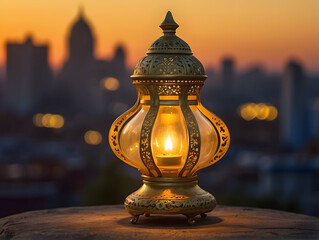 Traditional lantern against city backdrop