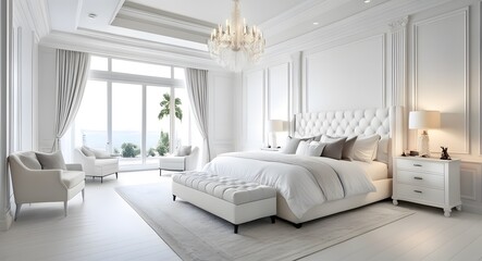 Luxury white master bedroom interior.