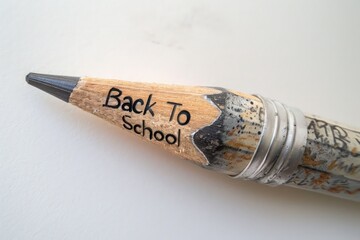 A photo of an old, well Climbed Pencil with the words "Back To School" written on it. White background.
