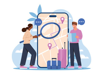 People planning route. Man and woman with magnifying glass look at map on smartphone. Navigation and geolocation, GPS. Tourism and travel. Flat vector illustration isolated on white background