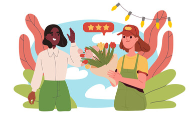 Naklejka premium Flower courier concept. Woman receives bouquet and romantic gift. Present delivery. Transportation and distribution, online shopping. Flat vector illustration isolated on white background