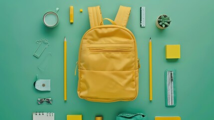 A yellow backpack with school supplies on a pastel green background in a flat lay top view copy space for text or product. Back to School concept. A flat 