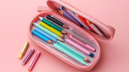 An open pencil case with school supplies on a pink background, shown from above. A mockup design. Colorful pastel stationery and pens in an empty opened leather bag,