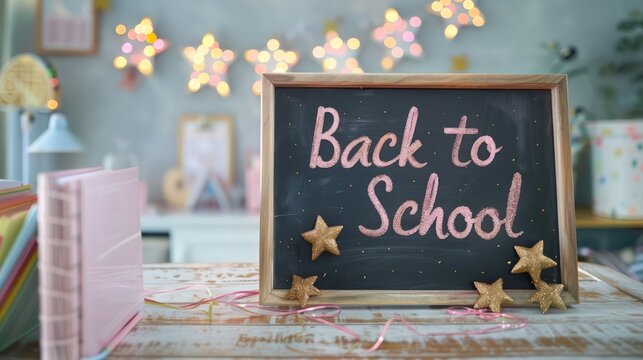 "Back to School" written on a blackboard in a wooden frame with pastel pink and gold colors. A school desk has star-shaped decorations in a softly lit closeup shot with a pastel color palette