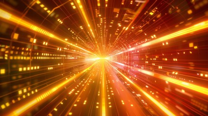 Abstract futuristic technology abstract background with lines for network, big data, data center, server, internet, speed. yellow and red neon lights into digital technology tunnel