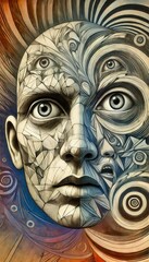 Surreal Abstract Artistic Portrait with Intricate Geometric and Metaphoric Elements in Monochrome and Earth Tones Background
