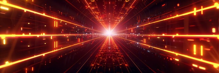 Fototapeta premium Abstract futuristic technology abstract background with lines for network, big data, data center, server, internet, speed. yellow and red neon lights into digital technology tunnel