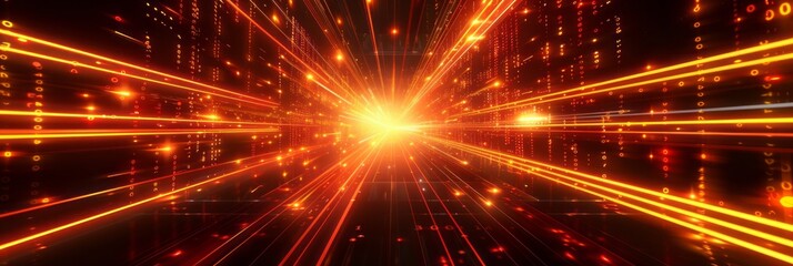 Naklejka premium Abstract futuristic technology abstract background with lines for network, big data, data center, server, internet, speed. yellow and red neon lights into digital technology tunnel