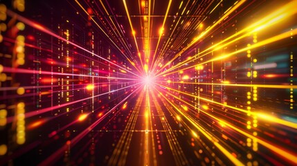 Fototapeta premium Abstract futuristic technology abstract background with lines for network, big data, data center, server, internet, speed. yellow and red neon lights into digital technology tunnel