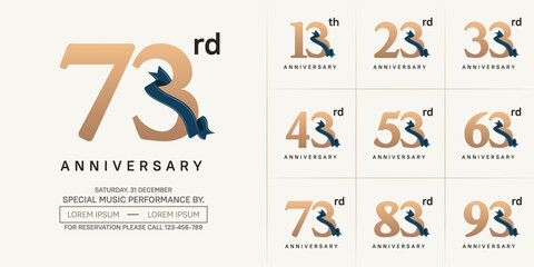 anniversary logotype set vector, brown color and dark blue ribbon for special day celebration