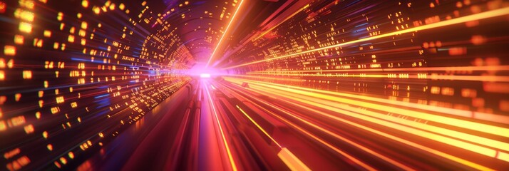Naklejka premium Abstract futuristic technology abstract background with lines for network, big data, data center, server, internet, speed. yellow and red neon lights into digital technology tunnel
