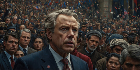 In a turbulent political landscape, a controversial figure emerges, their every move watched. This larger-than-life personality is powerful and charismatic, with a confident and authoritative image.