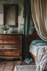 Interior of a vintage bedroom with a wooden bed, bedside table, green curtains and a vase with flowers