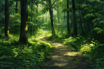 Obraz premium Sunlit Forest Path Winding Through Lush Greenery