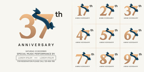 anniversary logotype set vector, brown color and dark blue ribbon for special day celebration