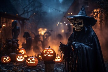 halloween pumpkin on the grave, halloween background , generative ai