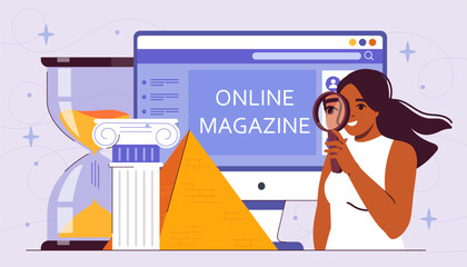 Online historian service. Woman with magnifying glass analyzes ancient architecture. Historian with marble column and Egyptian pyramid. History and areology. Flat vector illustration