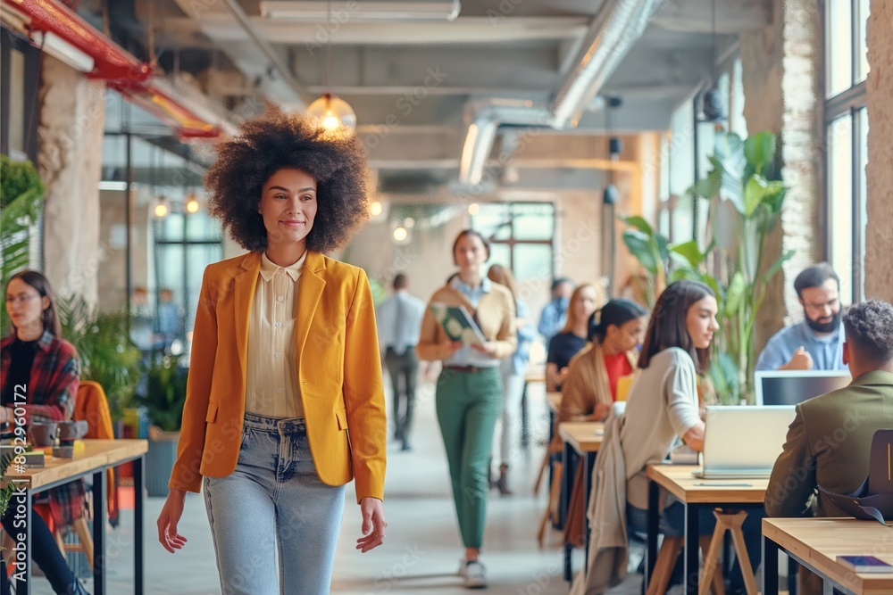 Wall mural a confident woman with a vibrant afro hairstyle walks through a modern office space, wearing a styli