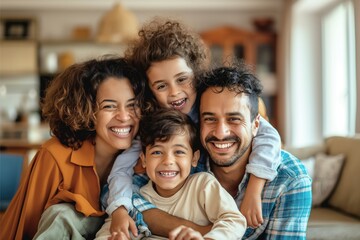 Obraz premium A joyful family portrait featuring two parents and their two young children, all smiling brightly and embracing each other. The setting is a cozy, well-lit living room with warm, inviting decor. The p