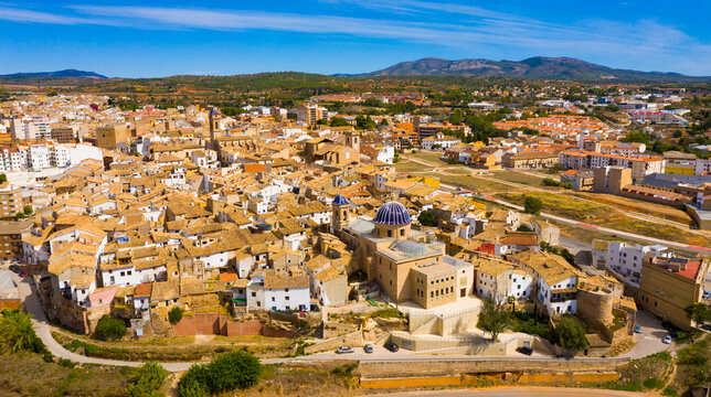 View from drone of historical center of spanish city Requena, Valencia