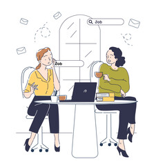 Woman looking for job. Young girl with laptop sending emails to HR managers. Headhunting and recruitment. Candidate at vacancy. Linear vector illustration isolated on white background