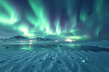 Fototapeta premium Stunning Northern Lights Over a Snowy Arctic Landscape