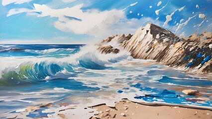 Vibrant expressive oil painting sketch of abstract seascape with azure sea waves rolling on coastline at sunny day. Modern digital art illustration with thick textured brushstrokes and paint splashes.