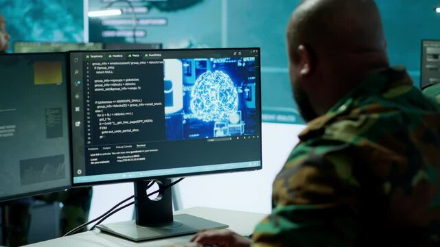Machine learning specialist monitors satellite data and neural network to collect data for operations. Programming algorithms for cybersecurity and national safety, AI brain visualization. Camera A.