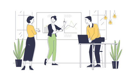 Workers with business presentation. Man and woman in office near flipchart. Businesspeople at seminar. Training and brainstorming at work. Linear vector illustration isolated on white background