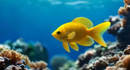 Threespot angelfish (Apolemichthys trimaculatus), yellow tropical fish on panoramic water background, underwater web banner with copy space 
