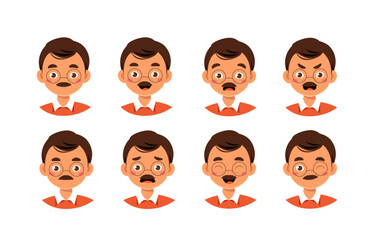 Male teacher heads set. Educational worker with different emotions. Pack of characters with various feelings. Design elements for creating animations. Cute teacher. Flat vector collection