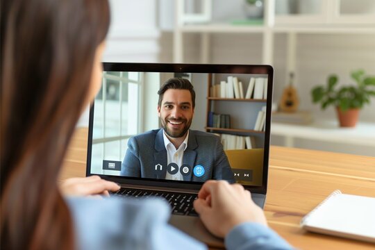 Woman having a video call with a smiling man in a business setting, displayed on her laptop screen. The man is dressed in a smart-casual suit