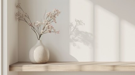Flower vase on shelf against white wall