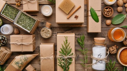 Eco friendly cosmetic packaging Various sizes colored cardboard boxes filled with natural materials placed on wood background