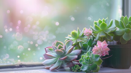 Obraz premium Succulent plants on a windowsill with a soft background. Seasonal greeting card.