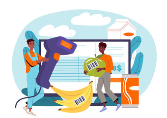 Bar code reader with fruits. Men with barcode reader analyze apple and banana. Food store employees take inventory of groceries. Identification of goods. Flat vector illustration