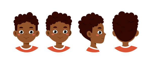 Set of boy heads. African american schoolboy from different angles of view. Pack of design elements for creating animations. Social media user. Flat vector collection isolated on white background