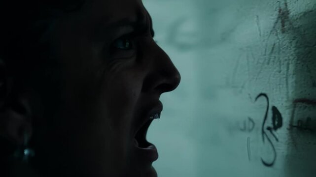 A detailed view of a persons horrified expression as they come face to face with a wall covered in ominous writing and drawings.