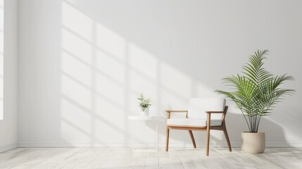 Fototapeta premium Vintage chair beside white table with potted plant in bright room, with blank wall for text