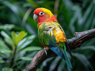 Obraz premium Colorful Parrot Perched on a Branch in a Lush Tropical Forest
