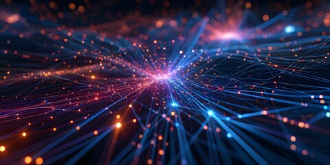 Obraz premium Abstract technology background with illuminated fiber optic connections, Ultra fast networks, 5G, 6G and artificial intelligence big data concept.