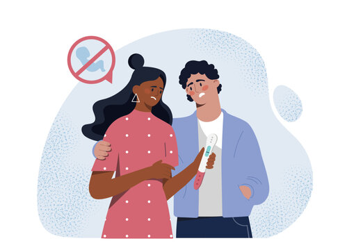 Negative pregnancy test. Man and woman suffer from infertility. Sad and distraught couple. Medical equipment. Obstacles to parenthood. Flat vector illustration isolated on white background
