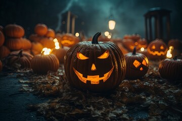 Obraz premium halloween pumpkin in the dark background, generative ai