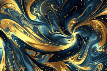 Fototapeta premium Golden and blue liquid texture with abstract, mesmerizing patterns resembling flowing fluid, featuring intricate swirls and captivating details