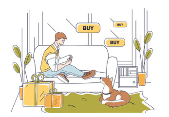 Man ordering goods. Young guy with tablet buys goods on Internet. Electronic commerce and marketing, home delivery. Cardboard boxes in home. Linear vector illustration isolated on white background